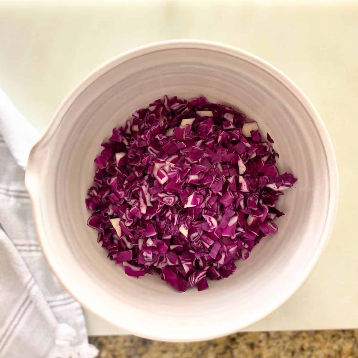 Red cabbage and quinoa unmixed in a hand thrown mixing bowl