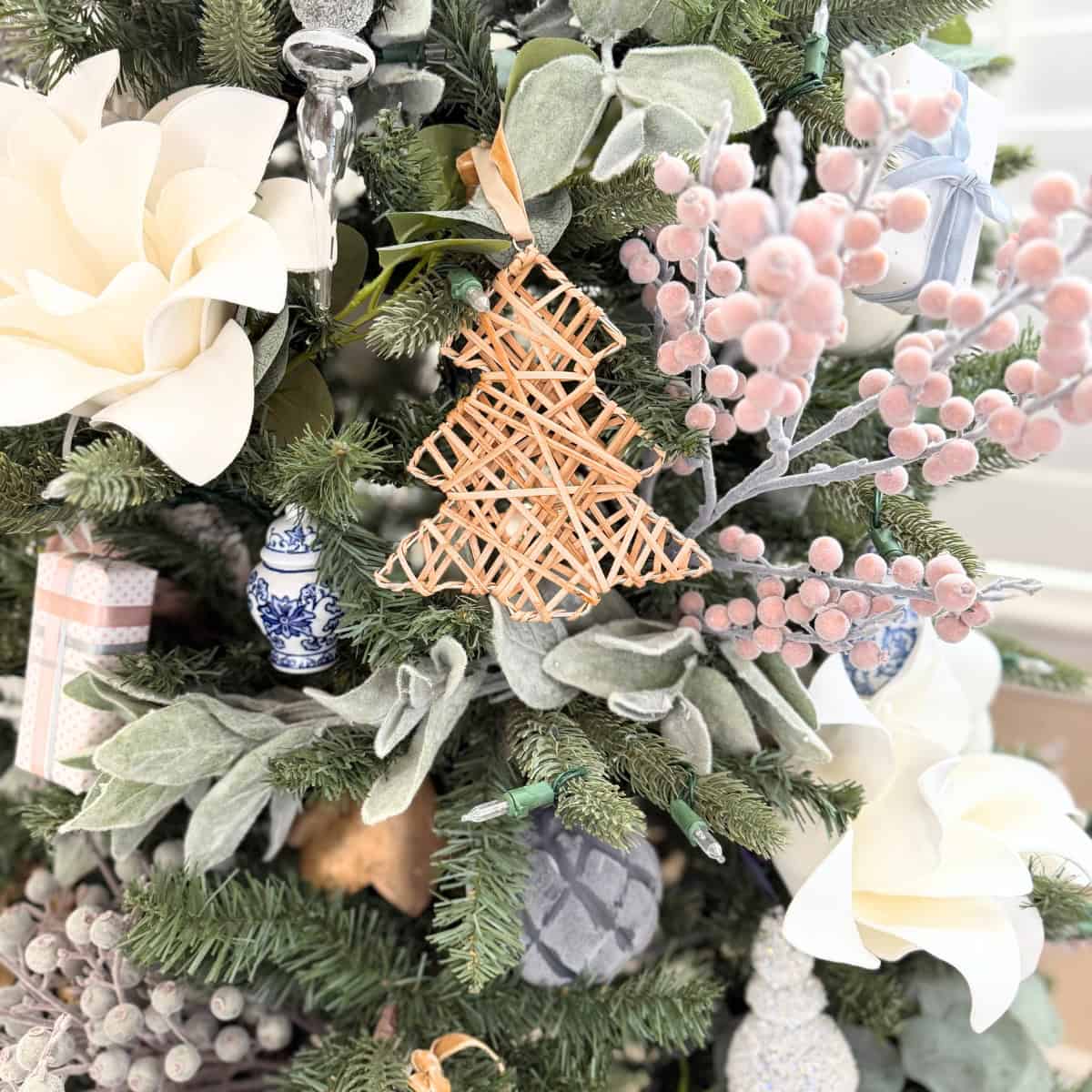 rattan tree christmas ornament styled on tree