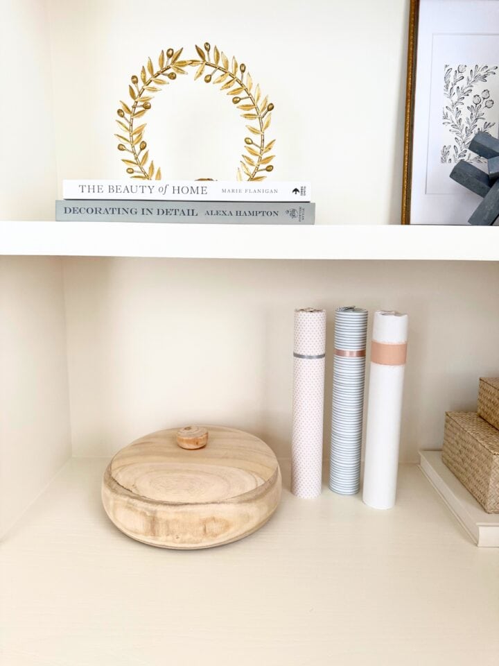 shelves styled with various decor