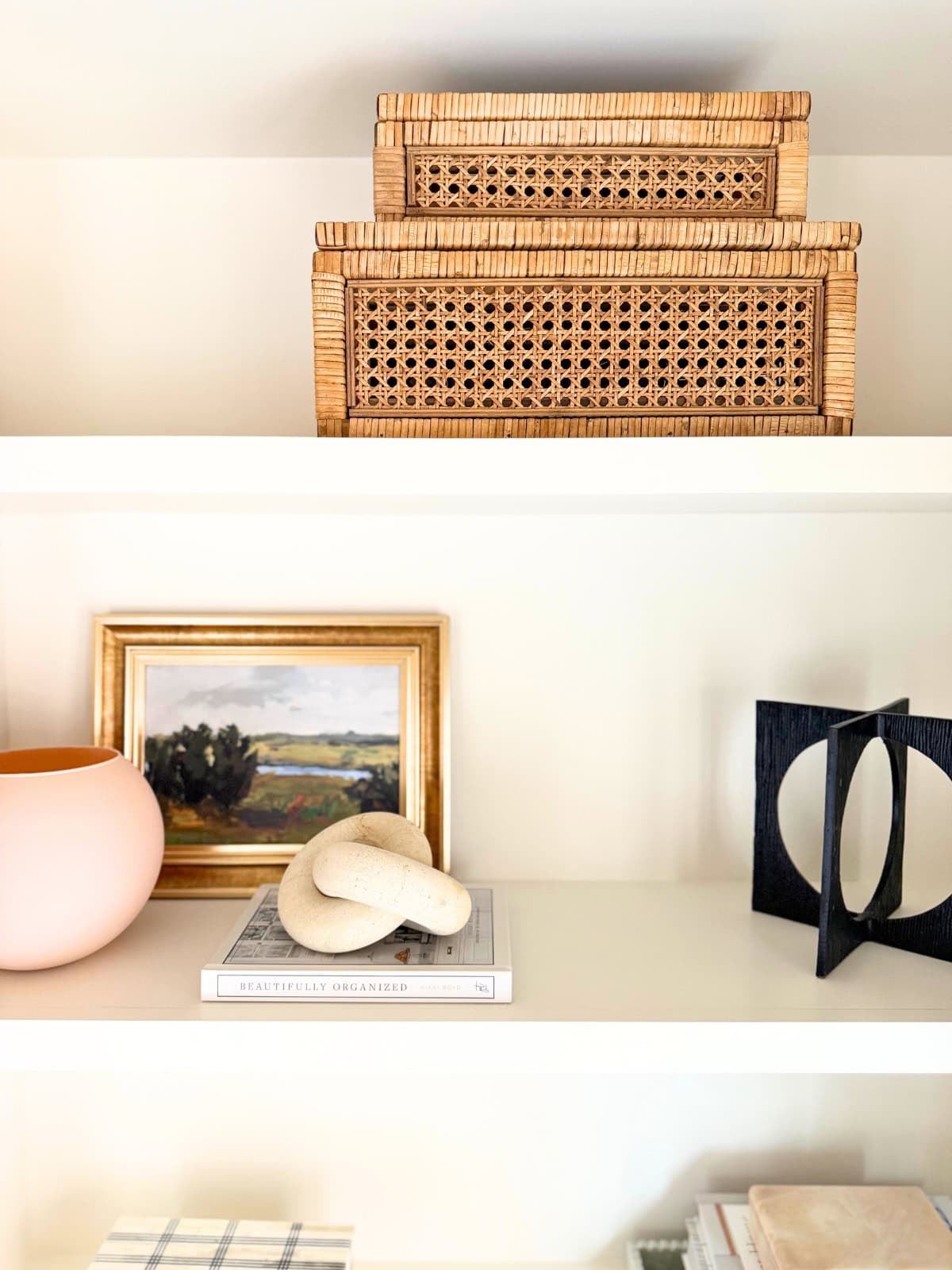 shelf styled with home decor
