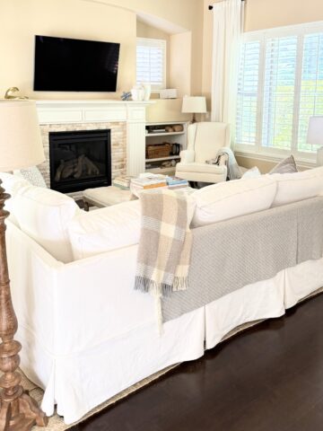 back of white slipcovered sofa in living room