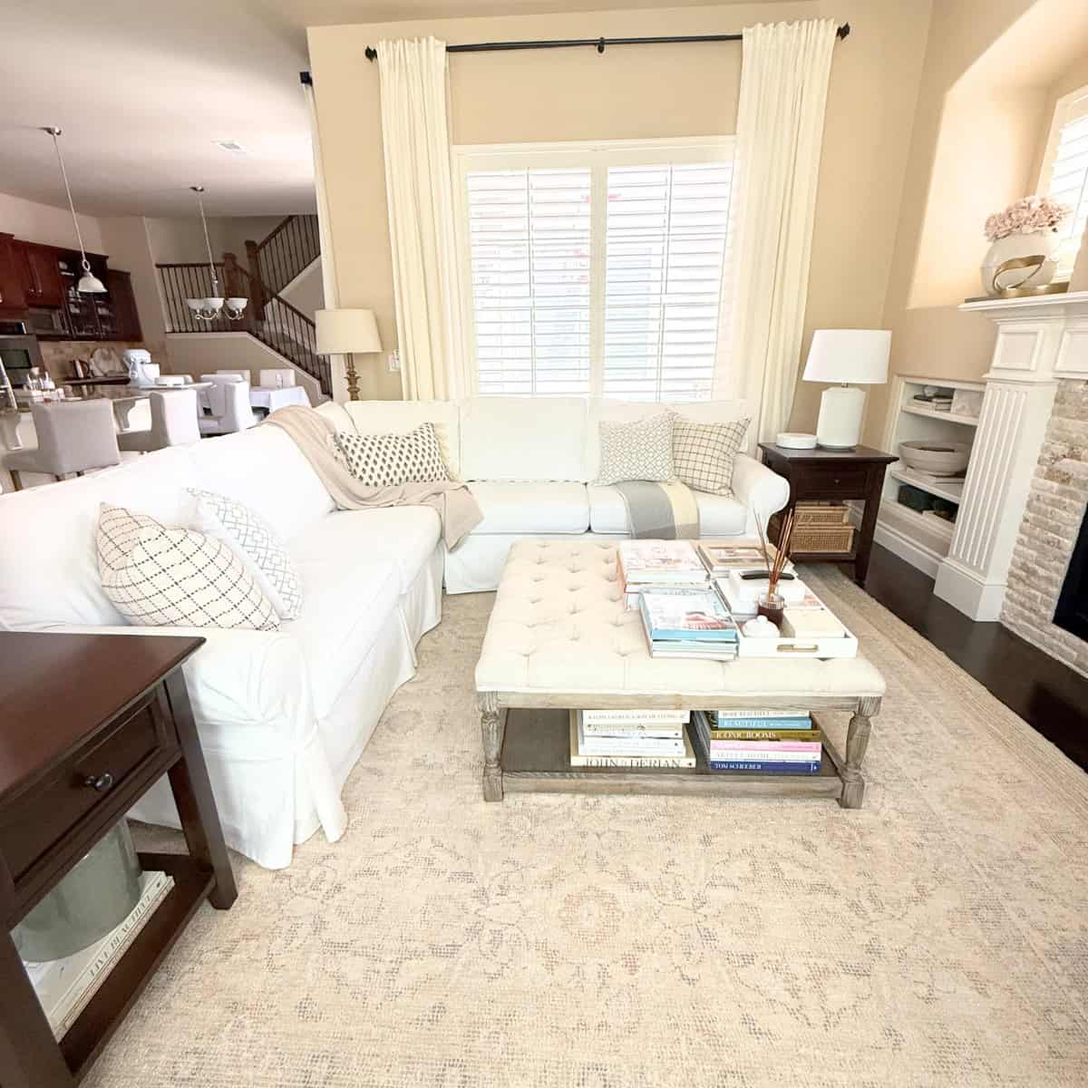 living room styled with slipcovered sofa