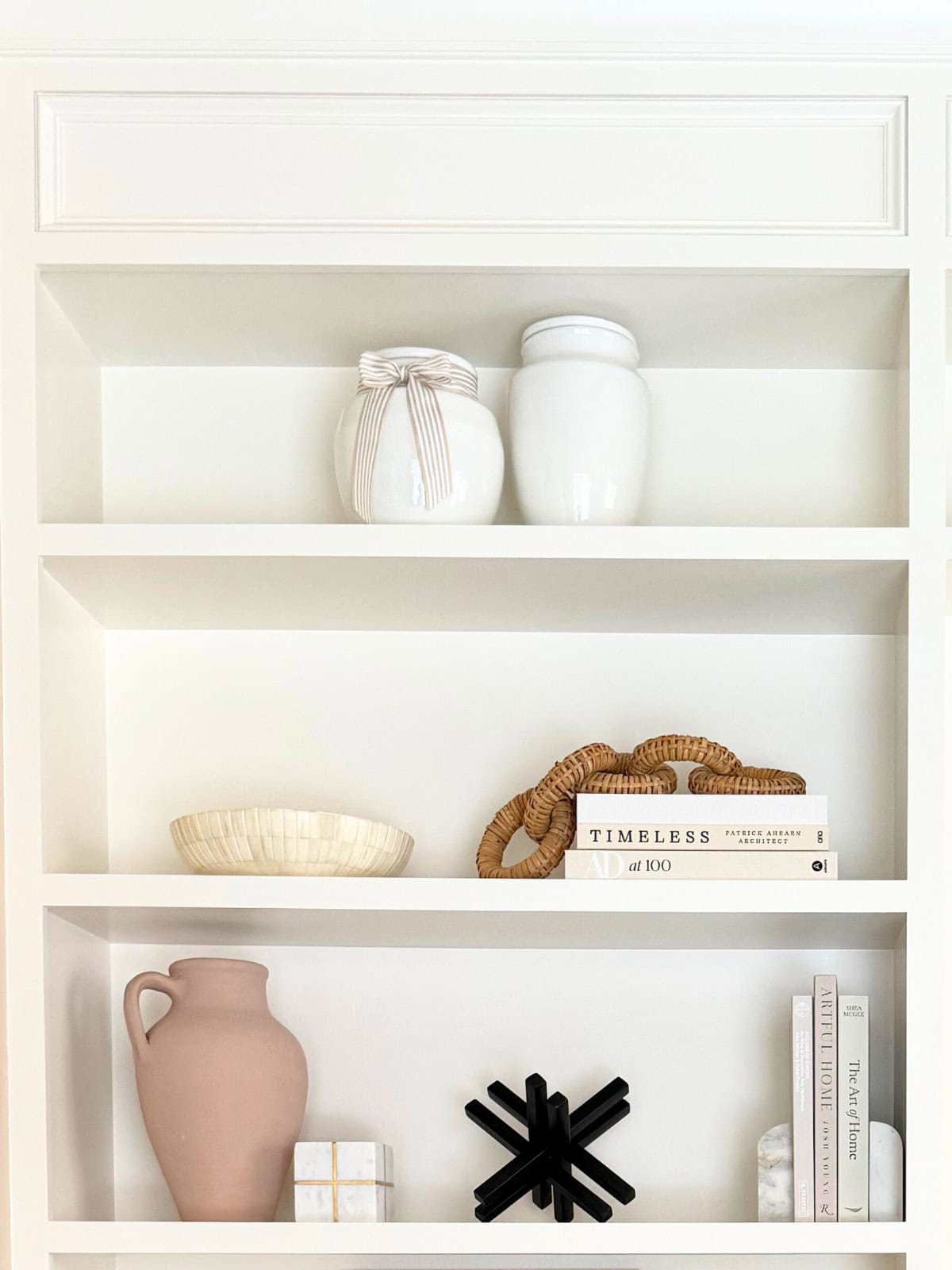 built-in shelves styled and decorated