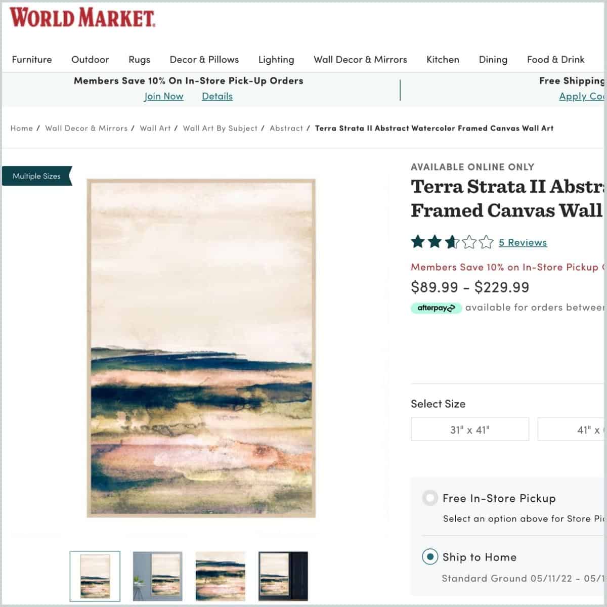 Sunset colored landscape art screenshot from world market's website