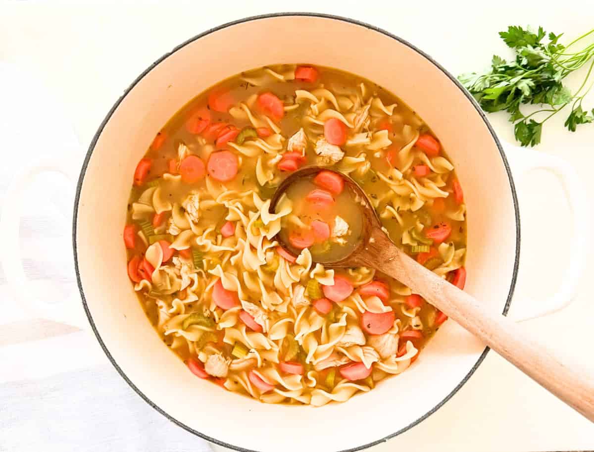 chicken noodle soup in a dutch oven pot