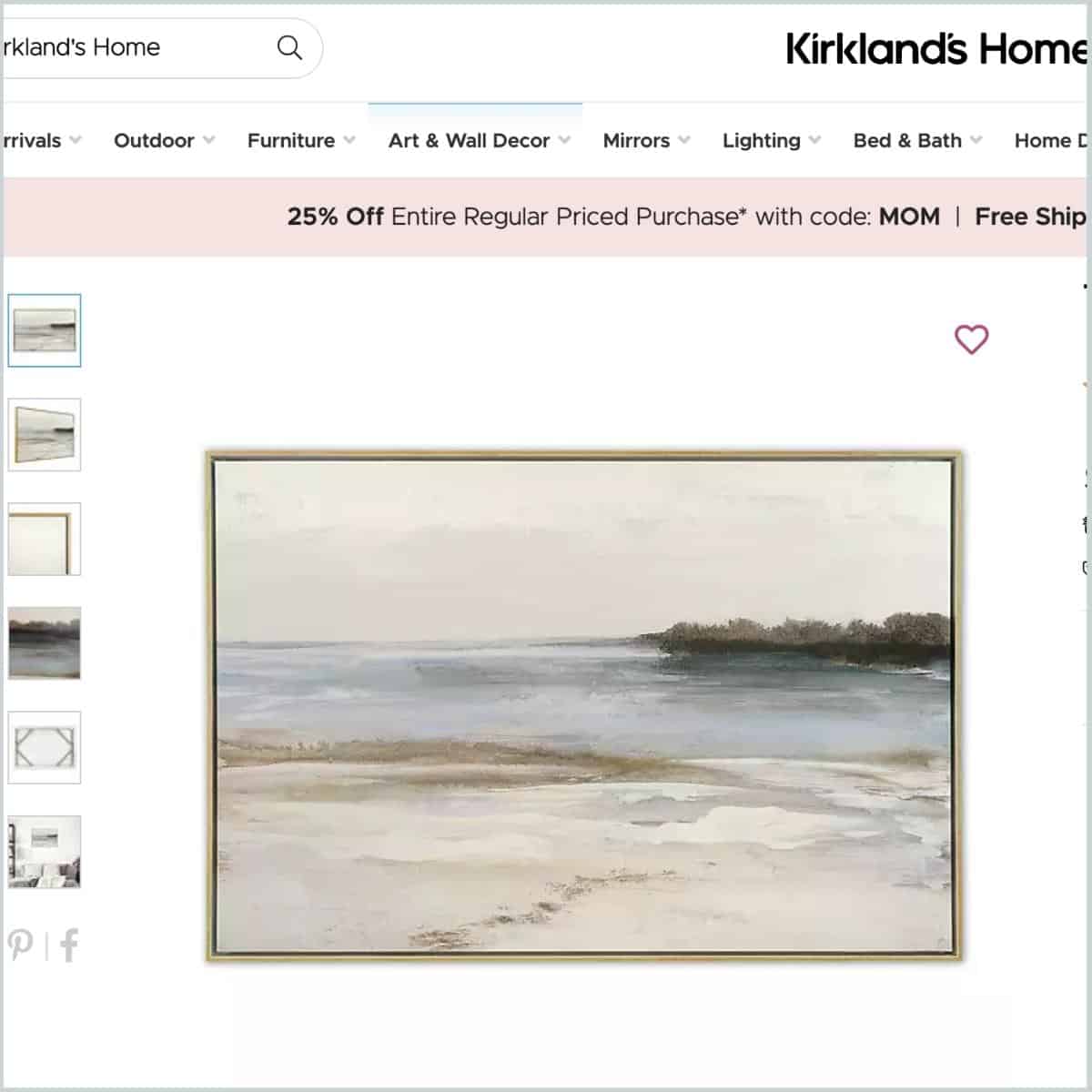 Neutral landscape artwork screenshot from Kirkland's website