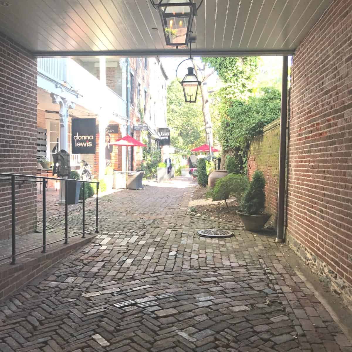 Quaint downtown with local retails shops on a cobblestone street