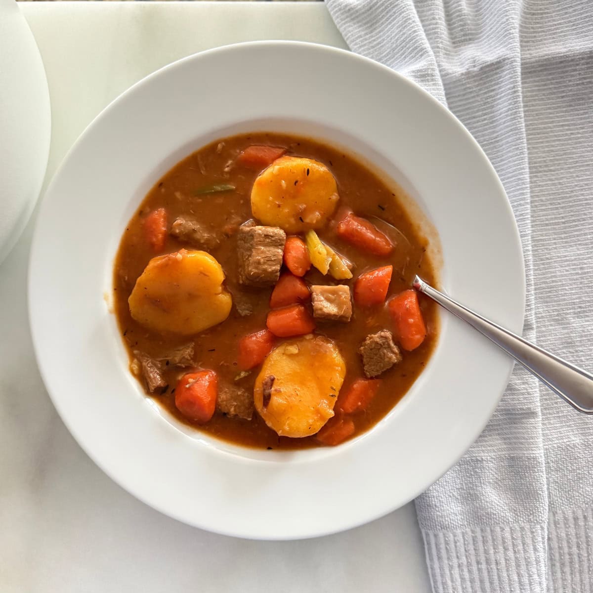 traditional beef stew served in white porcelain bowl