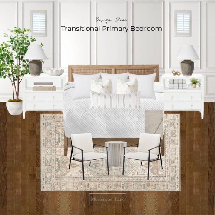 Decorative image with the text Design Ideas: Transitional primary bedroom. It is depicting a primary bedroom design board with a wood bed frame flanked by large, two drawer white nightstands and decor. A muted rug is on the hardwood floor with chairs and an accent table at the foot of the bed.