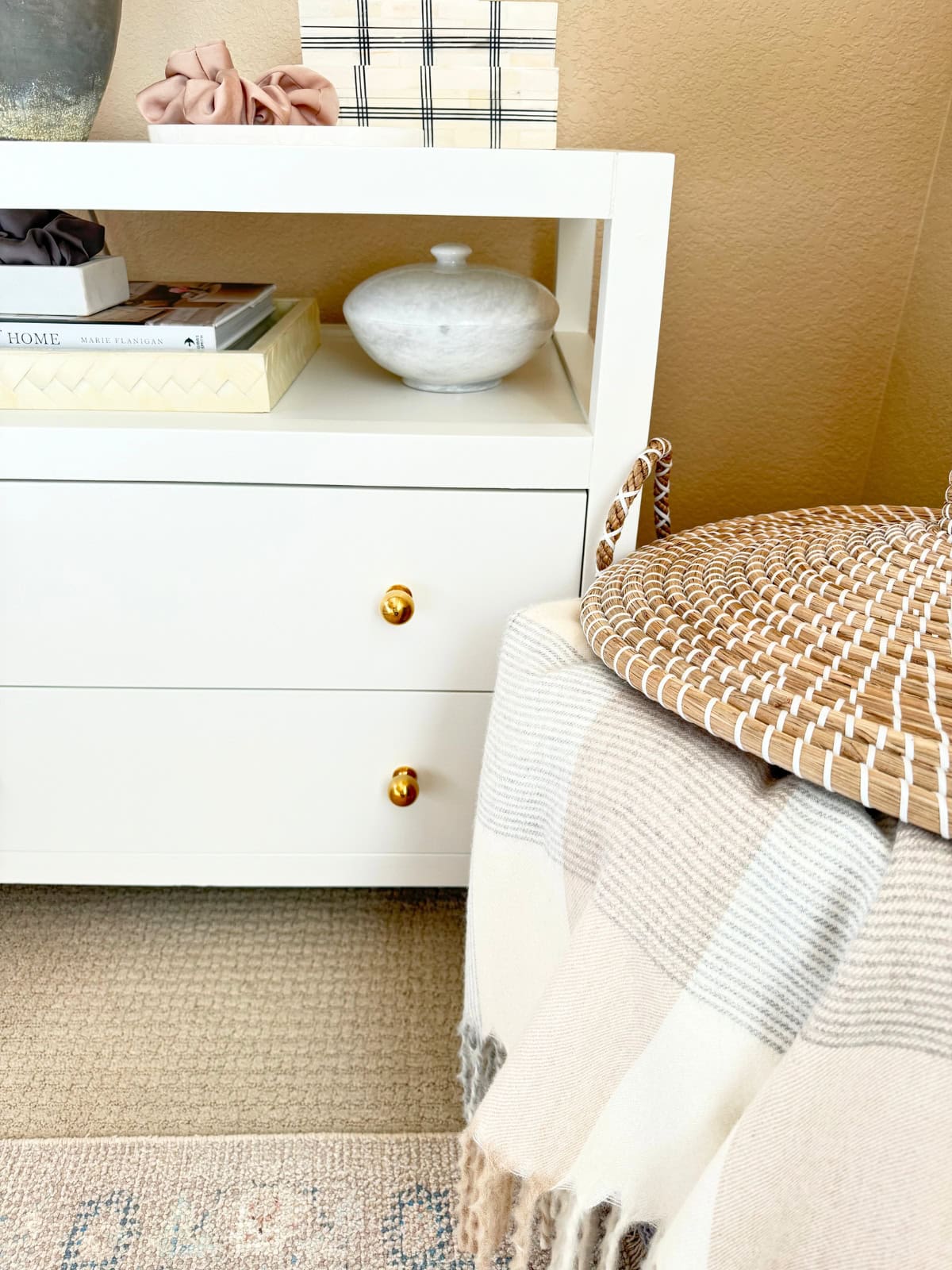 unlacquered brass ball knobs on white  nightstand dresser