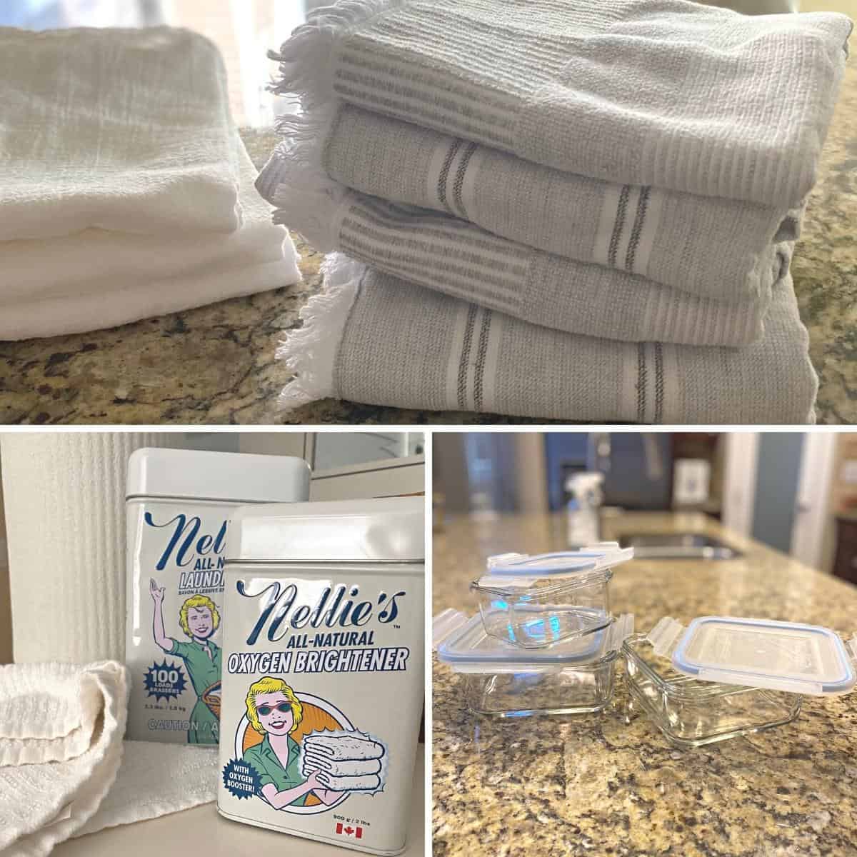 Collage of ways to go green at home. Neutral kitchen towels on a granite countertop on the top. Nellie's All Natural Oxygen Brightener on the bottom left and glass food containers on the bottom right.