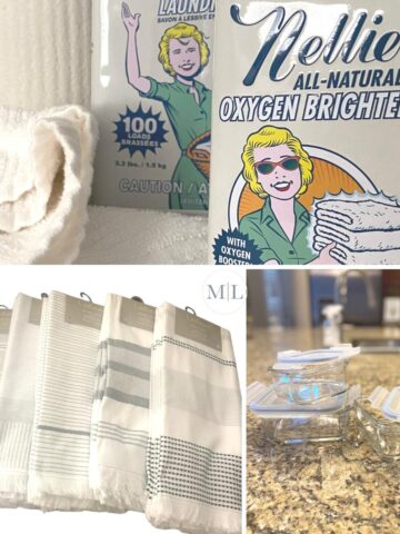 Images in thirds, depicting to go green at home. Top image is Nellie's Laundry Brightener, bottom left image is Turkish hand towels in various patterns and the bottom right image is of three glass food storage containers arranged on a granite countertop.