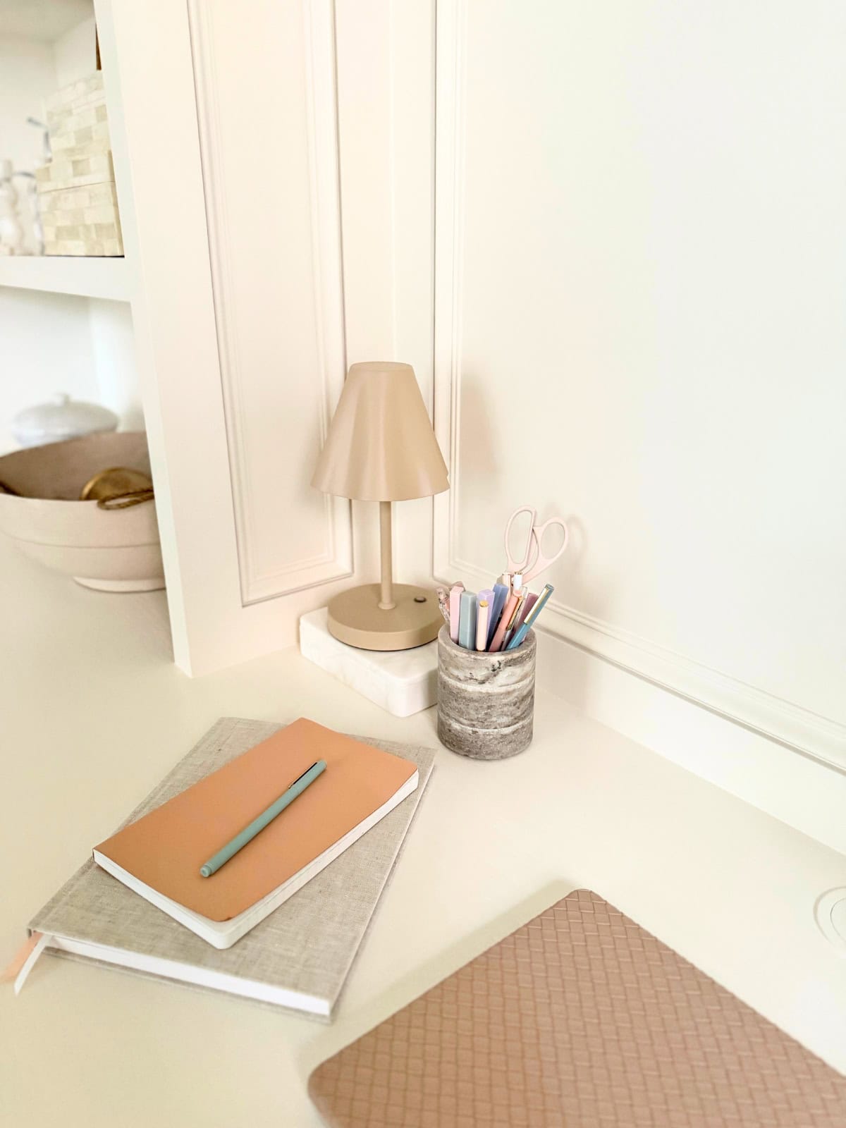 white built-in desk trim detail