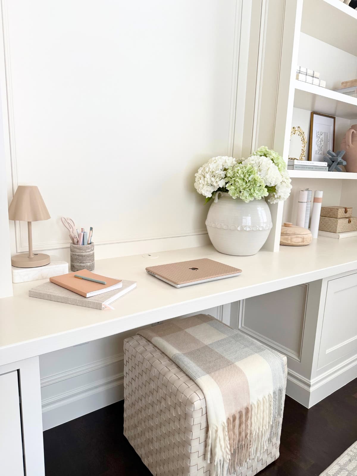 decorated built-in desk painted white